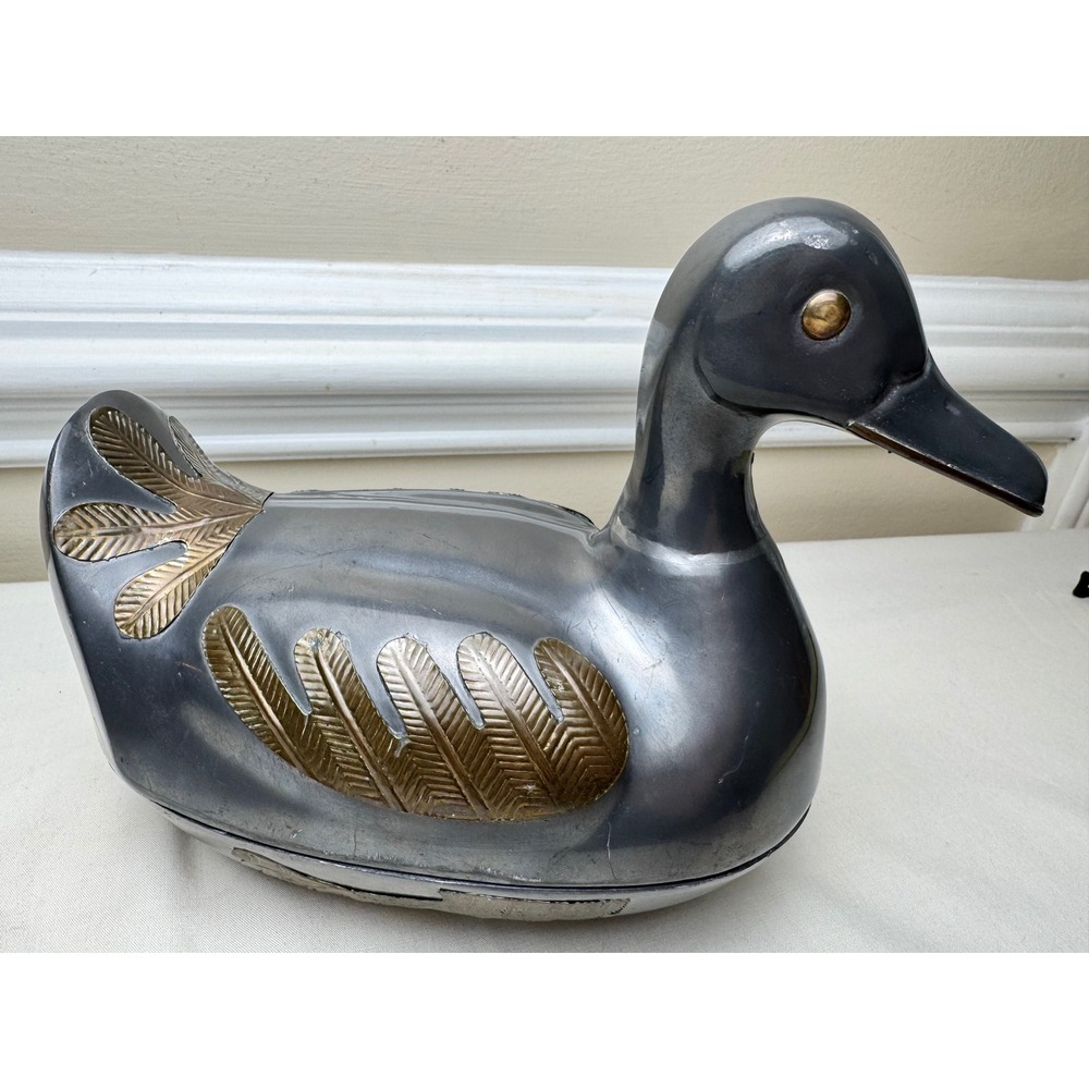 Vintage Pewter & Brass Duck Trinket Dish Box 9" Country Cottage Farmhouse Large